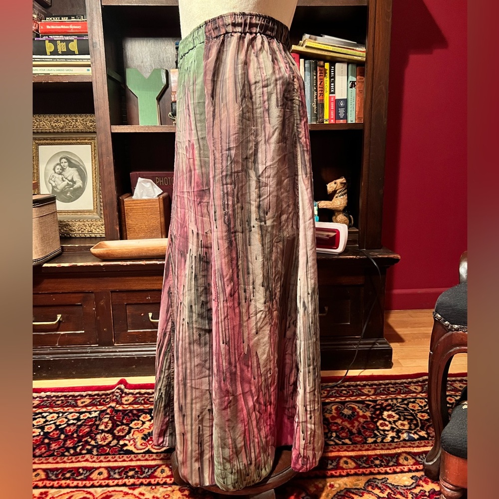 Vintage L Leeanne Original Hand Painted Silk Drip Maxi Skirt One Size View 4